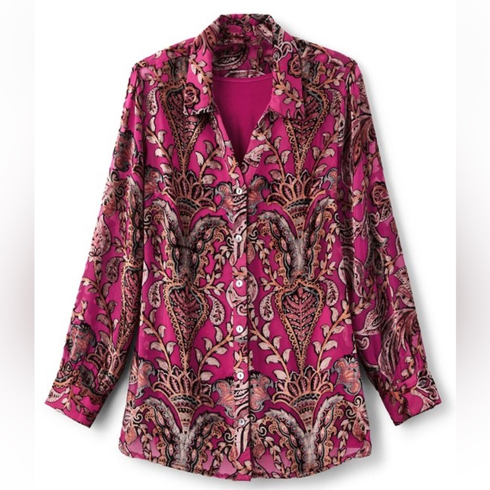 Soft Surroundings Large Shirt Pink Bellarosa Velvet Tunic Button Up Burnout Boho